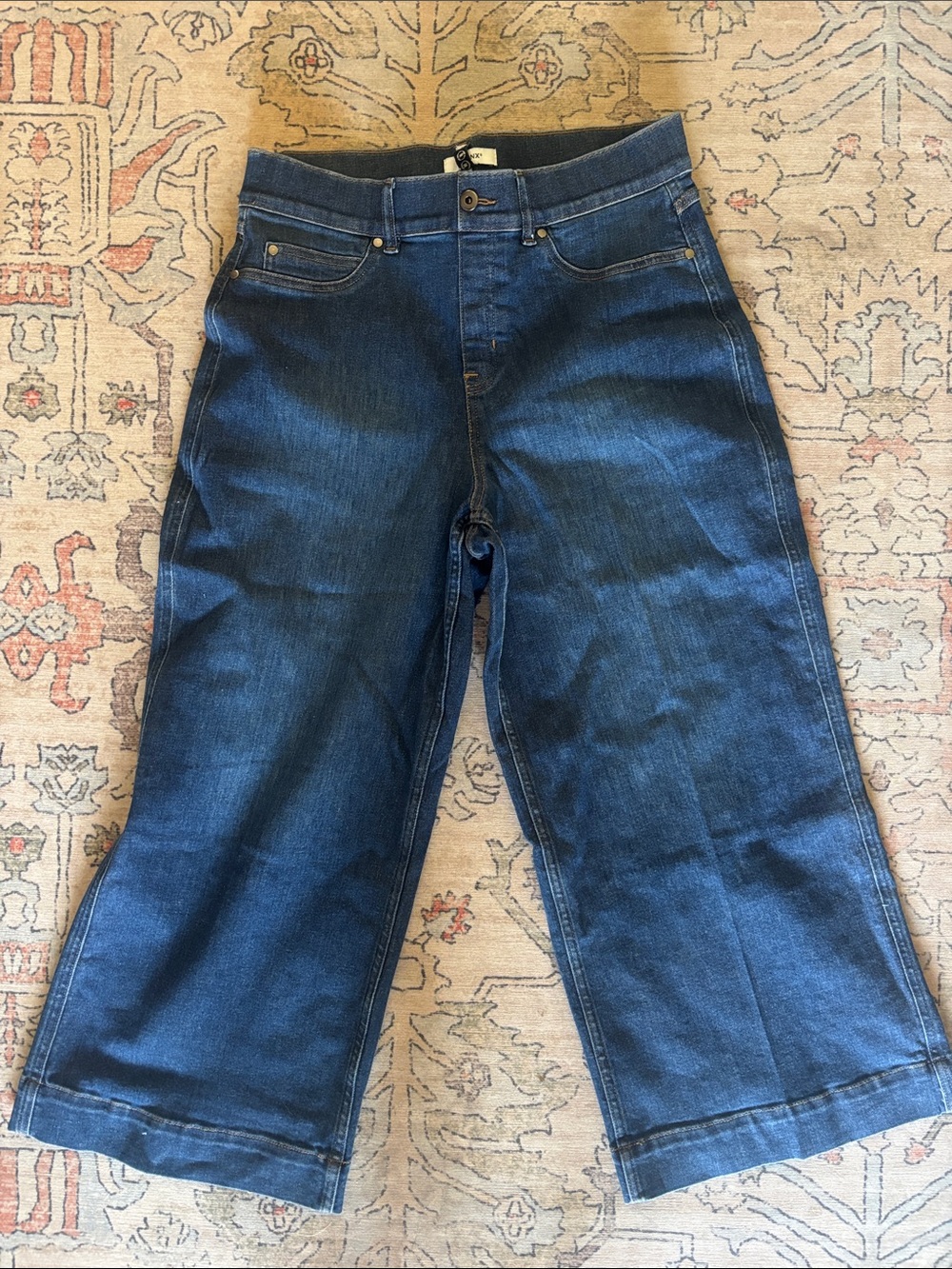 SPANX Wide-Leg High-Rise Jeans in Dark Blue Denim